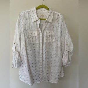 Charter Club Luxury Woman LINEN Shirt 1X White Metallic Gold Polka Dots PERFECT